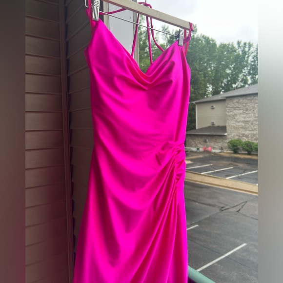 🆕🌸GB Hot Pink Ruched Satin Prom Wedding Party Maxi Dress Evening Size 9 - Picture 6 of 17